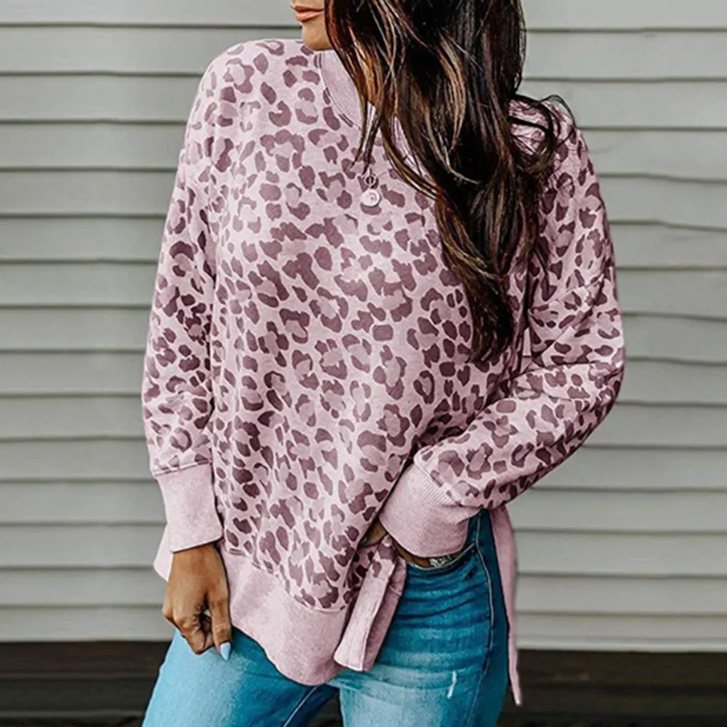 Женская футболка 2019 осенняя с леопардовым принтом и круглым вырезом приталенная