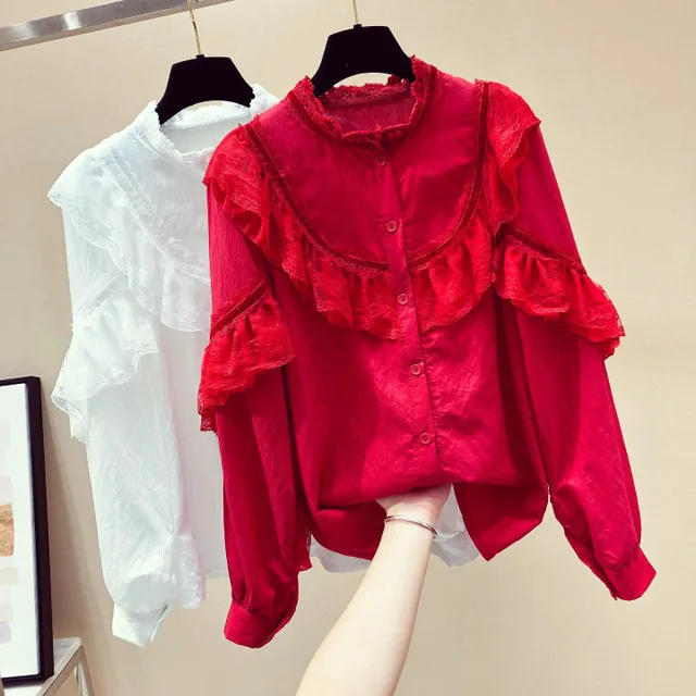 

Spring Fall Fashion Sweet Ladies Womens Clothing White Lace Red Ruffles Long Sleeve Cardigan Blouse Top , Woman Tops Blouses