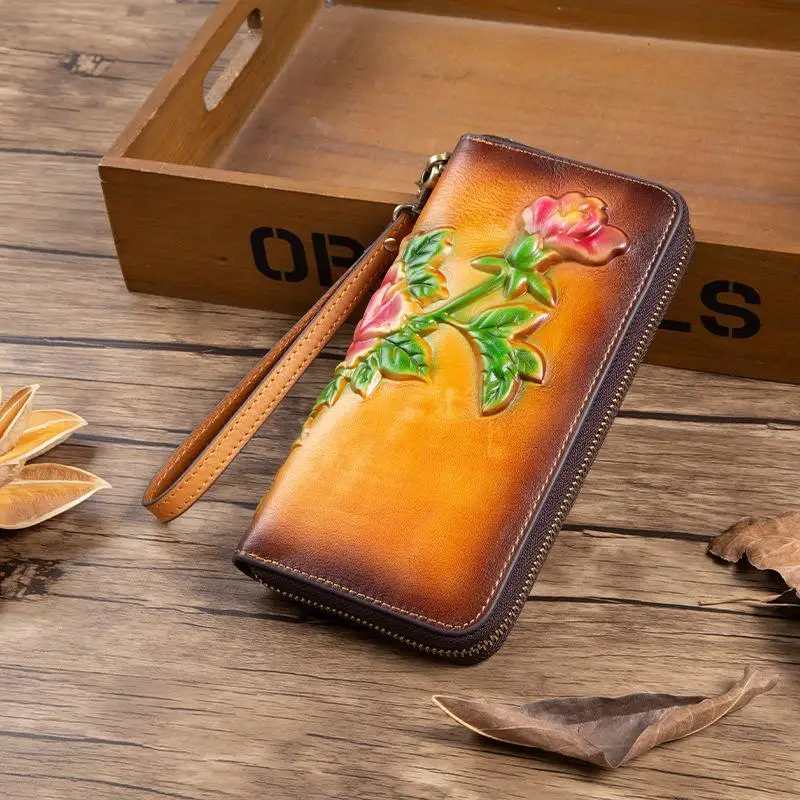 

Women Wallet 2021 New Genuine Leather Long Zipper Clutch Wallets Card Holder Handmade Embossed Cowhide Phone Purse