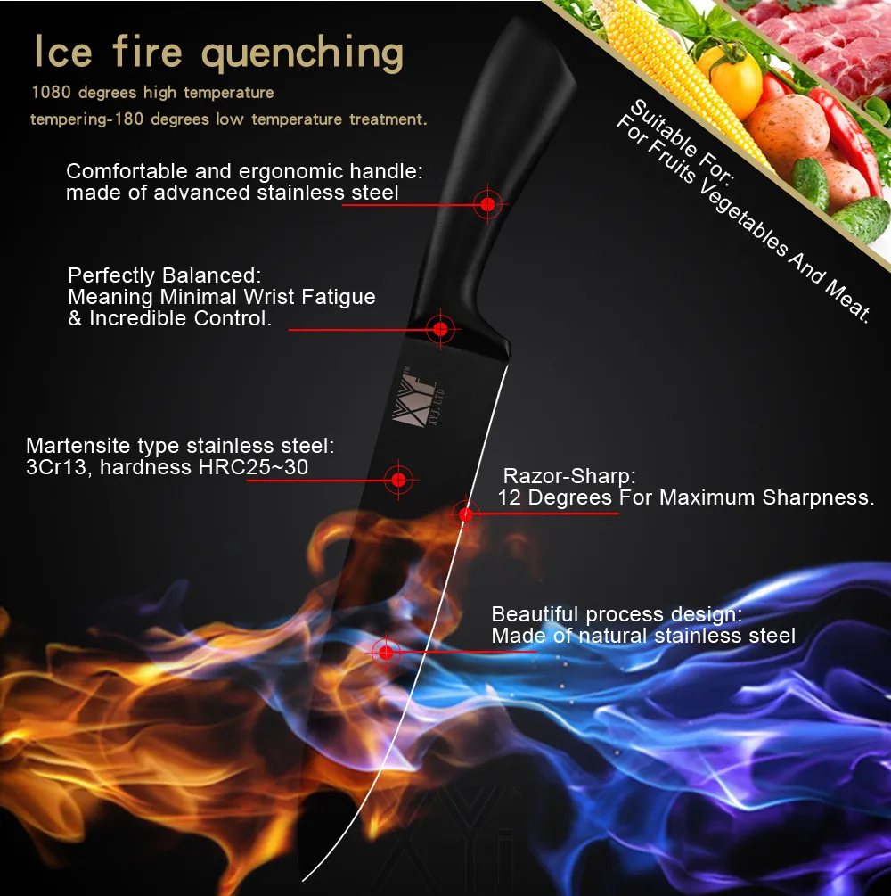 XYj набор кухонных ножей из нержавеющей стали 7 шт. черный изгиб полный нож шеф