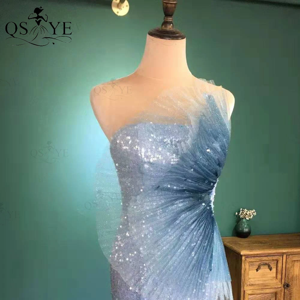 QSYYE High Quality Blue Sequin Mermaid Prom Dress Long Shiny Evening Dress Glitter Crumpled Fans Party Dress Open Back