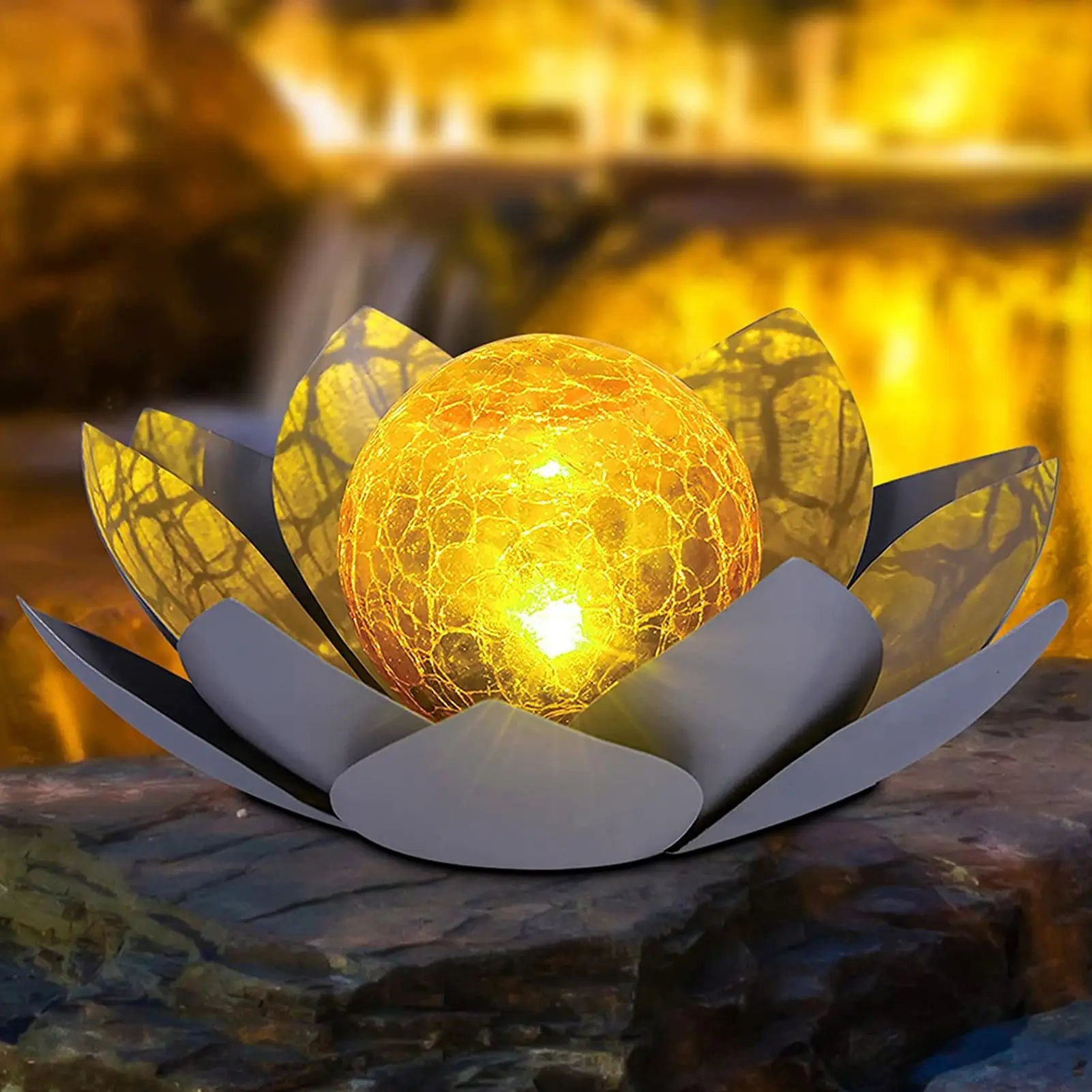 

Amber Crackle Glass Lotus Solar Light Waterproof Metal Flower LED Light Garden Lamp Lawn Lamp For Patio Pathway Lawn Decoration