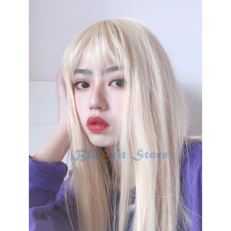 

Golden Harajuku Lolita Wig Women Blonde Long Straight Hair Fringe Bangs Adult Chic Girls Cosplay Daily Wear