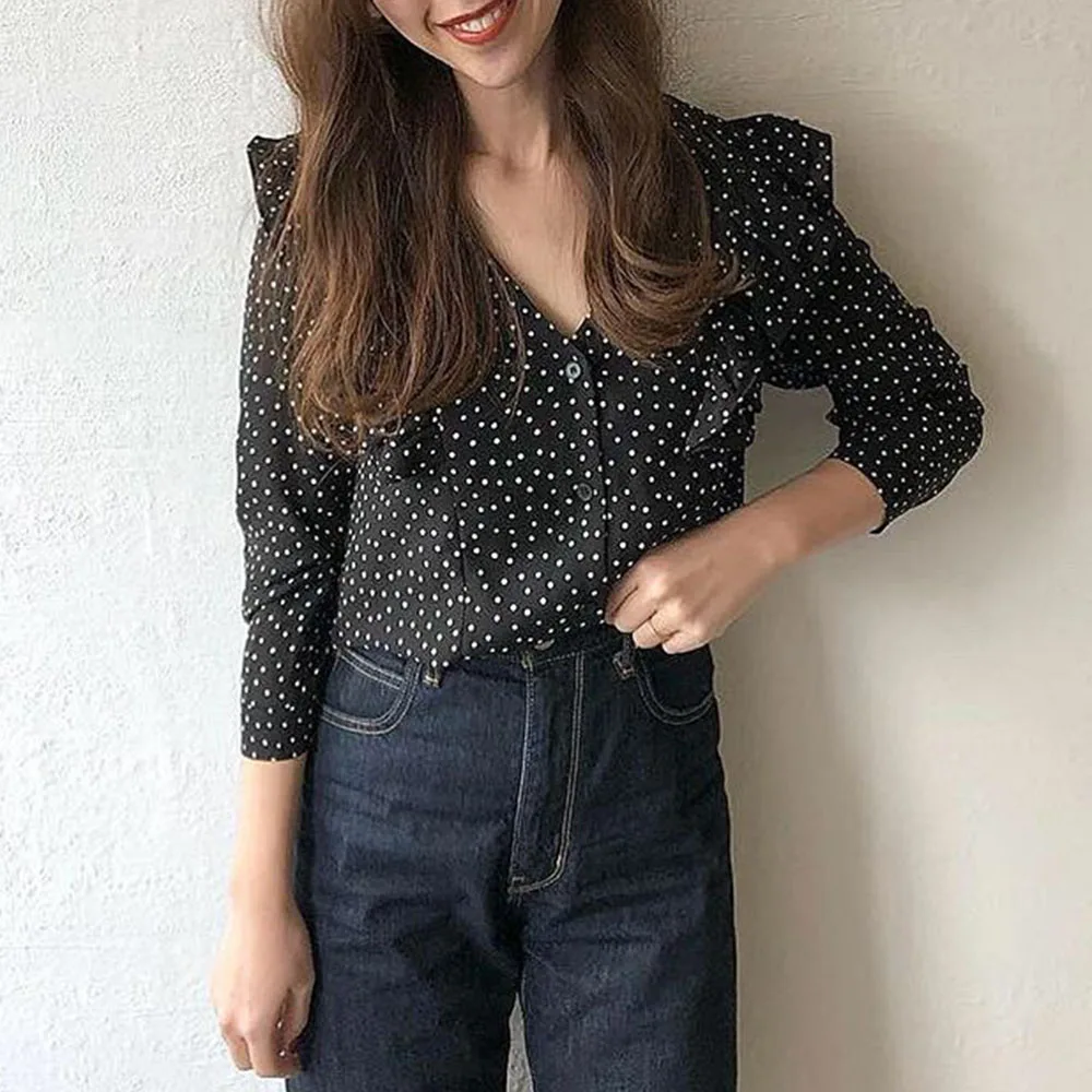 Корейская шифоновая блузка для женщин 2020 с длинным рукавом круглым вырезом