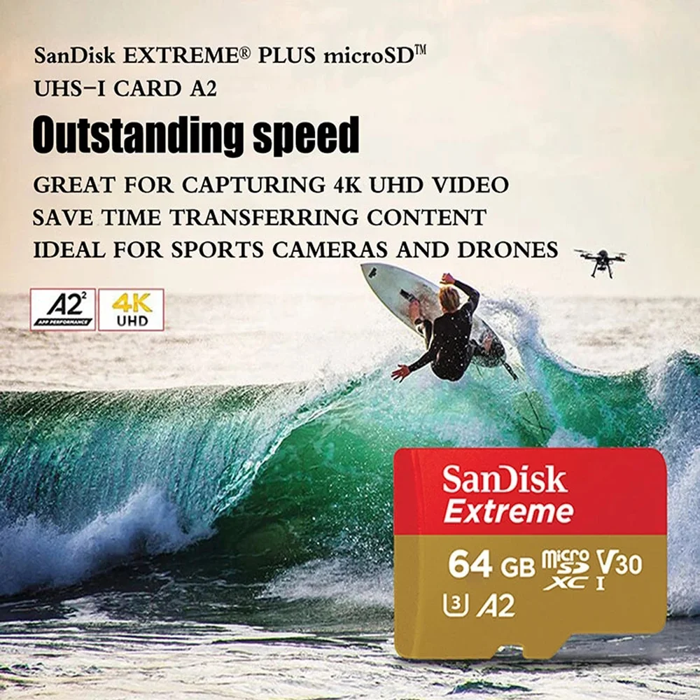 Карта памяти SanDisk A2 U3 V30 Extreme MicroSD 2 шт. 1 ТБ 512 ГБ 400 256 128 64 32 A1 для DJI drone с рамкой 4K60 |