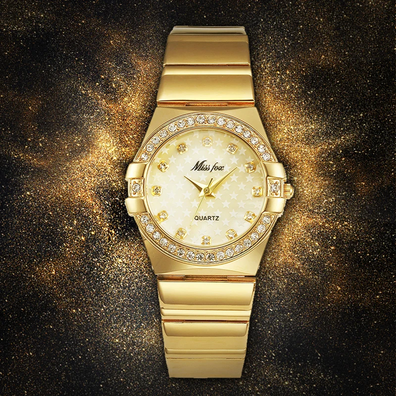 MISSFOX Fashion Watches Women Fashion Luxury Watch Ladies Gold Wrist Watch 2017 Famous Brand Logo Pearl Shell Five Star Bu Clock