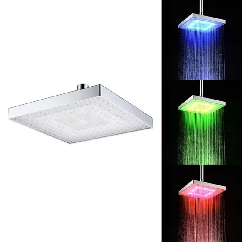 

8 Inch Square Rainbow LED Shower Head Temperature 3 Color Changing ABS Chrome Finish 8 LEDs Bathroom Top Spray Showrhead