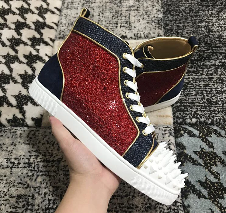 

Luxury Genuine Leather Crystal Rivet Men High Top Red Bottom Sneakers Leisure Walking Women Outdoor Fashion Casual Flat Shoes
