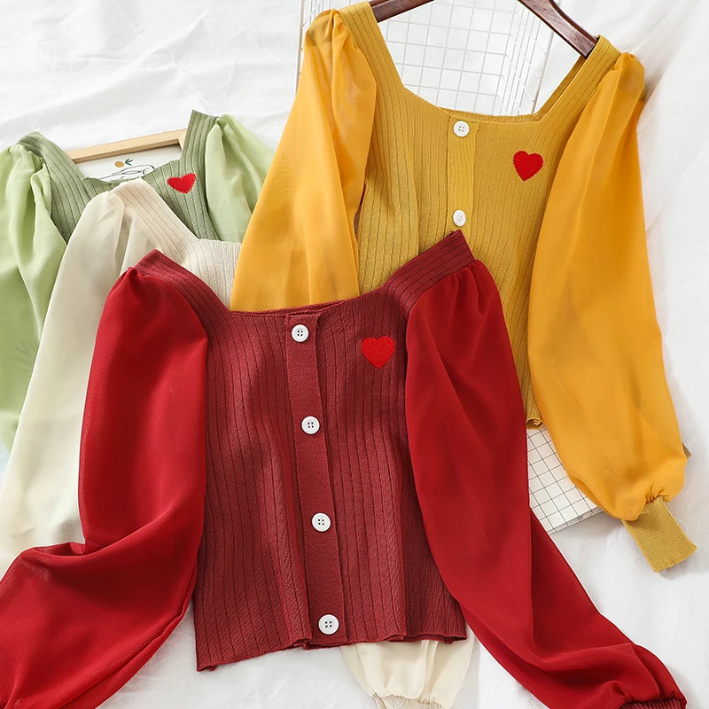 

HELIAR женские фонарь рукав шифоновая блузка с длинными рукавами кардиган с пуговицами Свободная блузка моды боксе вязание тонкий эластичный ...