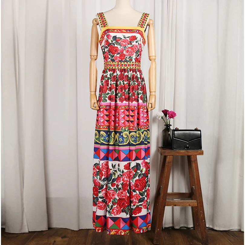 Fashion Newest Summer 2021 Designer Runway Maxi Dress Women's Strap Gorgeous Floral Printed Casual Long Dress