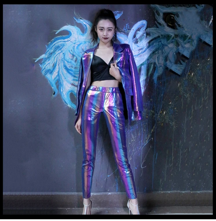 Фиолетовый красочный сексуальный женский костюм в полоску куртка брюки для