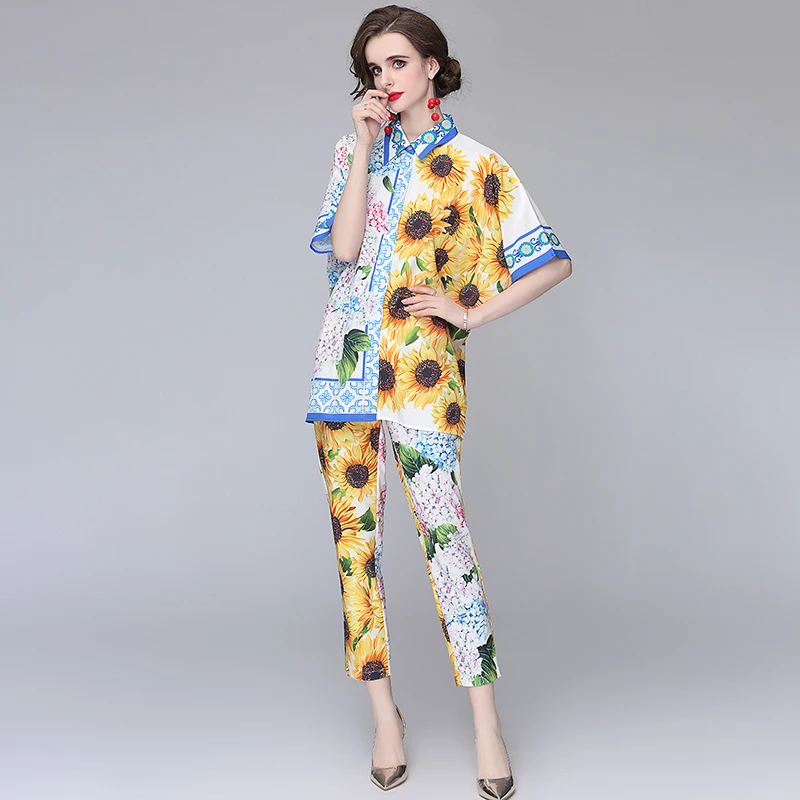 

Vintage Printed Summer Two Piece Set Women Sunflower Short Sleeve Casual Shirts + Long Pants Set Tracksuit Runway Bohemian C196