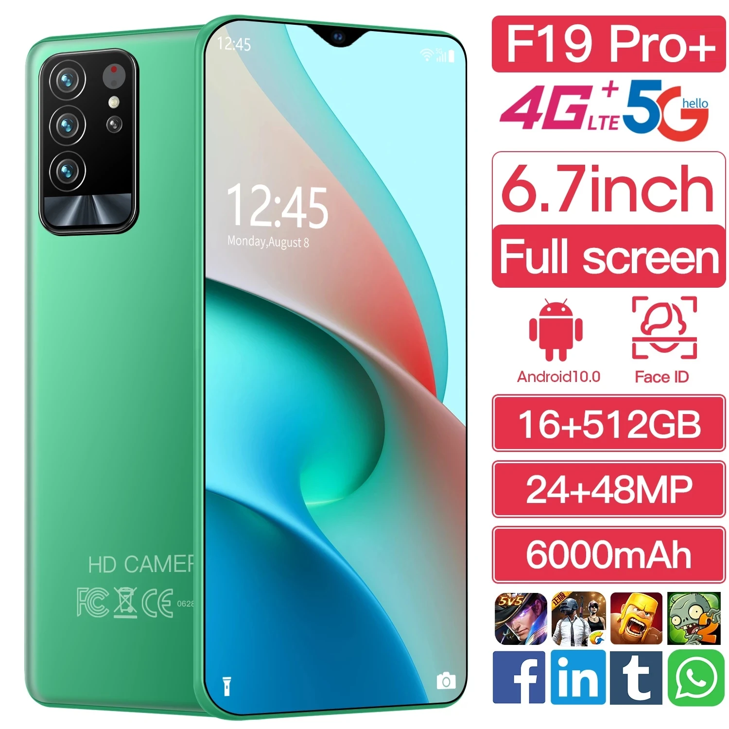 

F19 Pro + 5G MT6989 Mobile Phone 6.7 "10 Core 6000mAH Fingerprint Unlock New Hot Sale