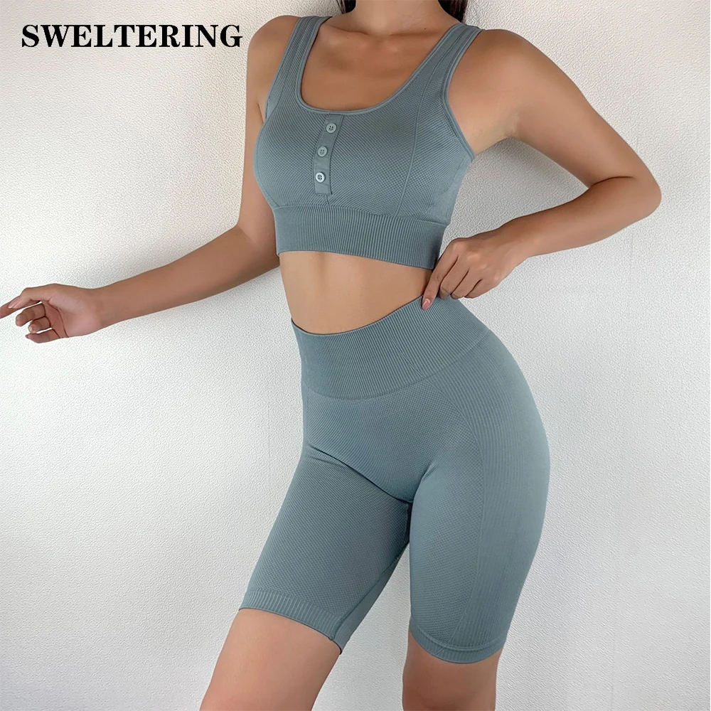 

Женский летний бесшовный комплект для йоги, спортивные костюмы для фитнеса, одежда для тренажерного зала, бюстгальтер для йоги + шорты с выс...