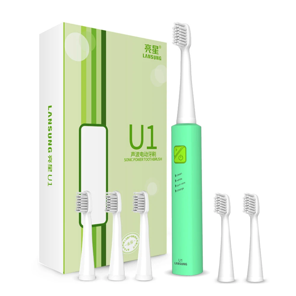 U1 ALL GREEN 6heads LANSUNG USB зарядка звуковая электрическая зубная щетка перезаряжаемая 4 шт головки для зубных щеток Замена автоматическая зубная щетка отбеливание U1 - Цвет: U1 ALL GREEN 6heads