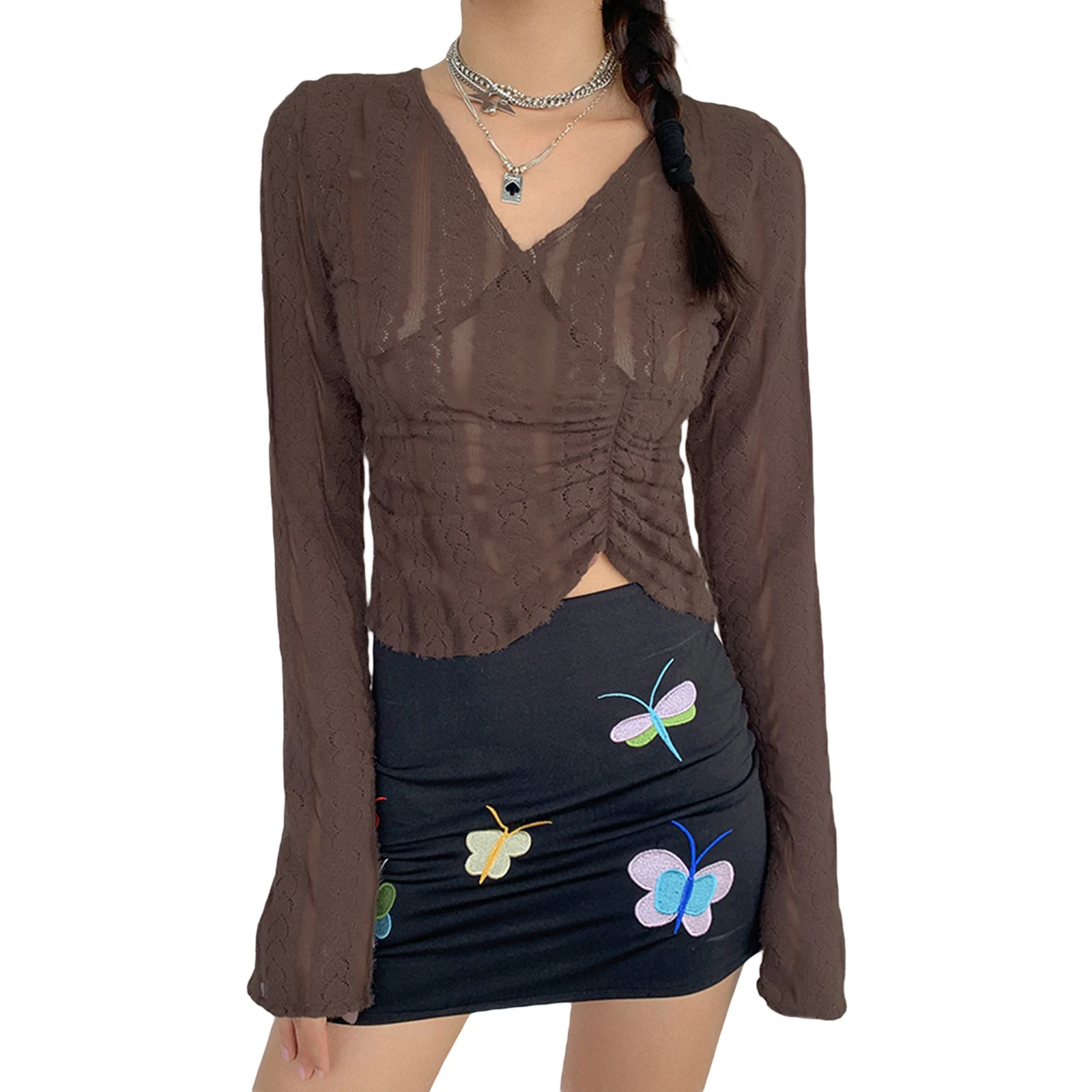 

Women Autumn Solid Sexy Mesh See Through Lace T-shirt Adults Ruched Brown Solid Color Long Sleeve V-neck Pullover Y2k Fashion