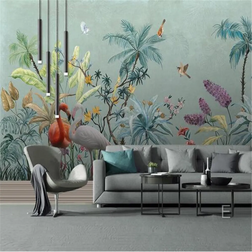

milofi medieval hand painted tropical rain forest flowers and birds background wall painting
