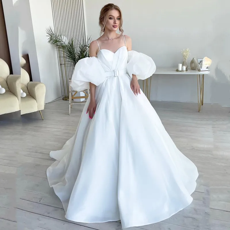 

Elegant Sweetheart Wedding Dresses 2021 Puff Sleeves Spaghetti Straps Sashes Court Train Ball Gown Satin Pleat Design Summer