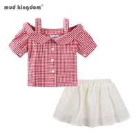 mudkingdom summer girl outfit plaid cold shoulder blouse and linen skirt set for girls elegant clothes set children clothing