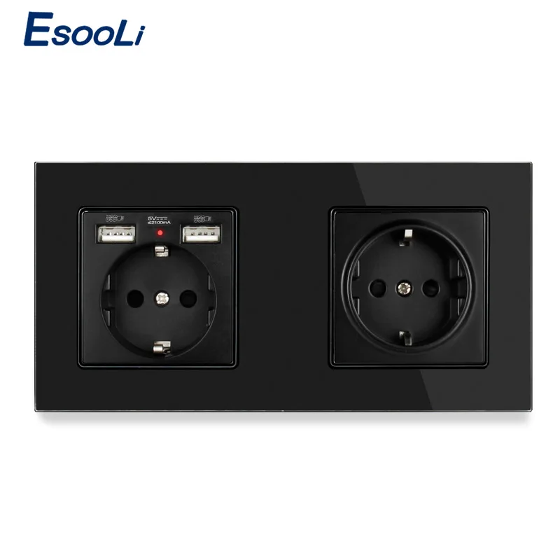 Esooli 2 Gang настенная розетка стандарта ЕС роскошная панель из хрустального стекла с