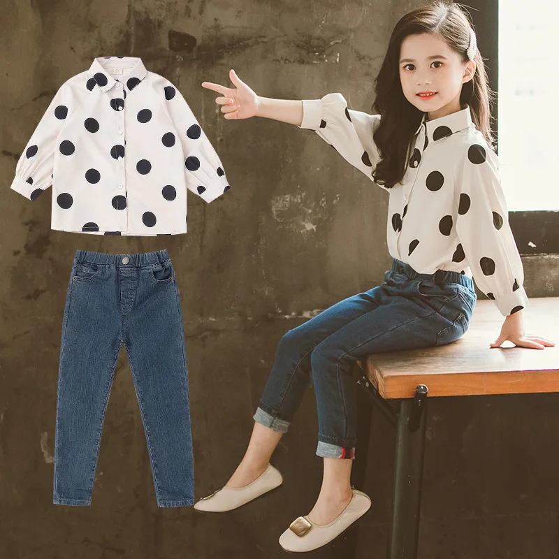 

Children Clothing Set Autumn Teenage Girls Clothes Kids Polka Dot Blouse + Denim Jeans 2PCS Suits for Girls Clothes 3-12 Years