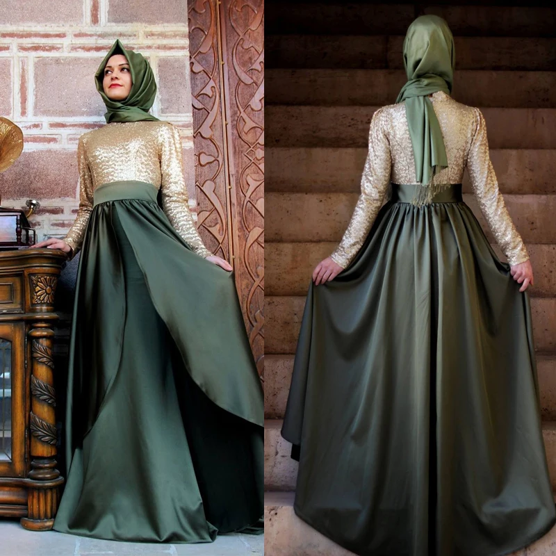 

2015 New Fashion Long Sleeve Muslim Kaftans Evening Dresses Dubai Sequin Women Malaysia Muslims Abaya Dresses 2 Colors ZED77