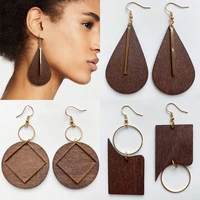 free shipping metal bar pendant natural wood teardrop earrings for women simple metal line square earrings jewelry wholesale