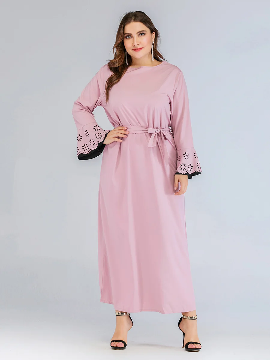 New spring autumn plus size long dress for women large loose casual sleeve elegant O neck dresses belt pink 4XL 5XL 6XL 7XL | Женская