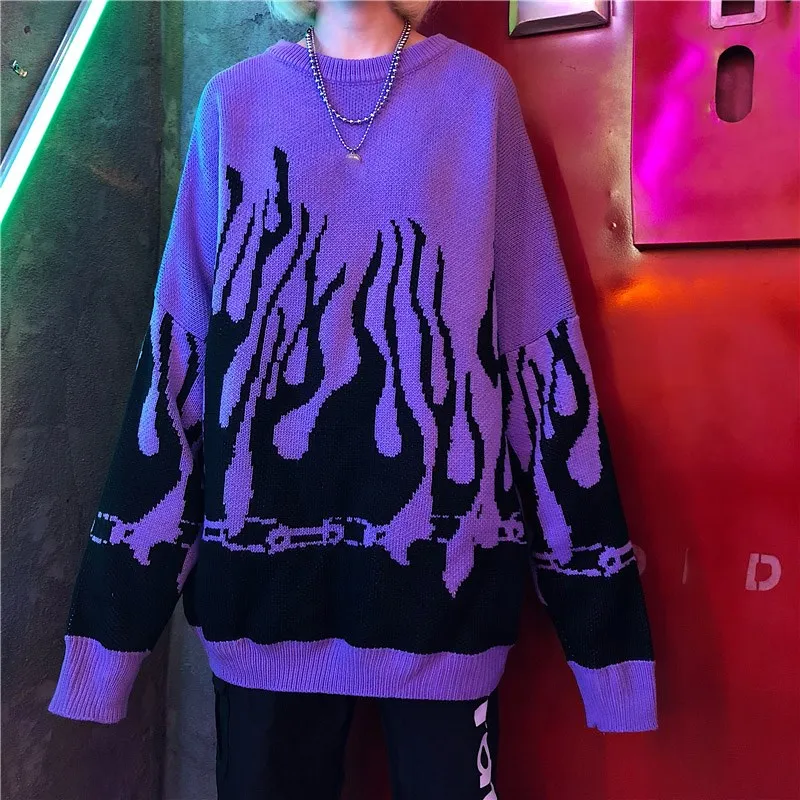 

Autumn Winter Harajuku Flame Knitting Batwing Sleeve Sweater Casual Long Women Tide Printed Sweater Loose Boyfriend Pullovers