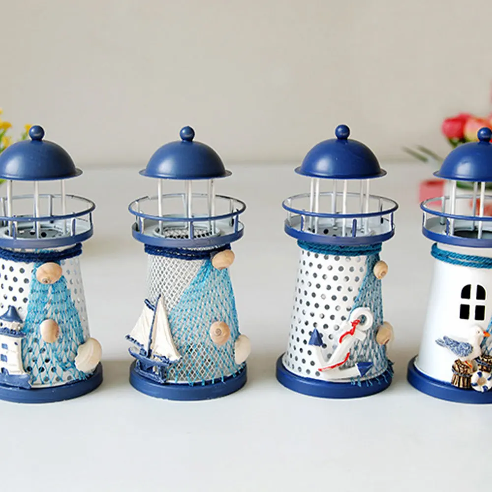 

4pcs Mediterranean Style Iron Craft Seabird Lighthouse Led Small Electronic Lamp Desktop Ornament for Home Table Decoration (Mix