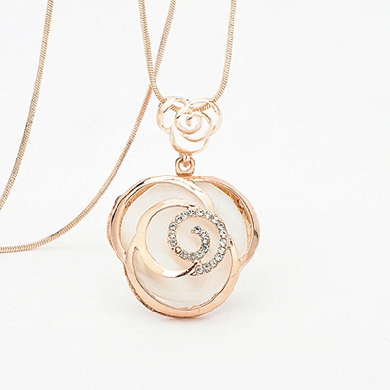 Женская ажурная цепочка на свитер с цирконом длинное ожерелье розой модное