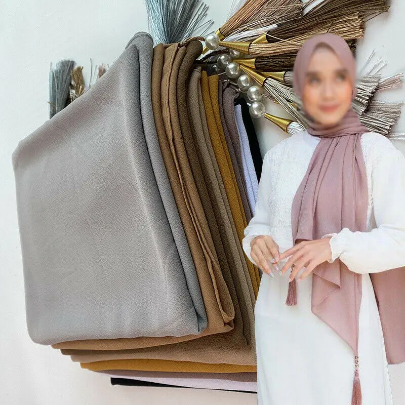 

Chiffon Solid Scarf Long Wrap Scarf Shawl Scarves Beaded Pearls Hijabs Tassel Decors