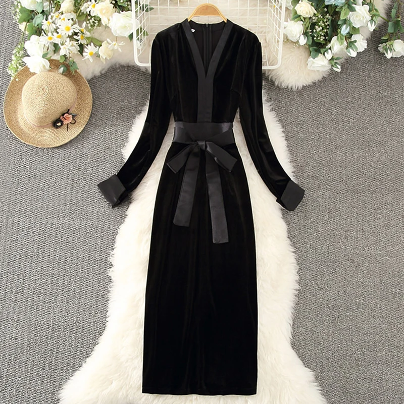 

Fall Spring Korean Runway Vintage Evening Dresses High End Women Elegant Patchwork Lace-Up Slim Velvet Dress Vestido