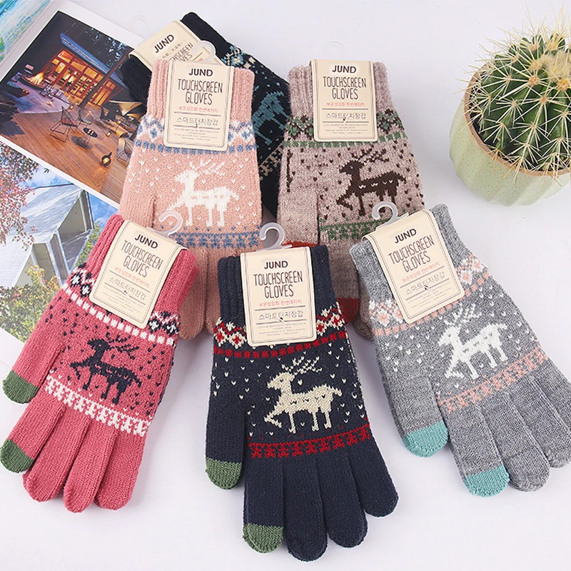 

Unisex Outdoor Touch Screen Gloves Christmas Deer Printed Warm Knitted Thick Gloves Comfortable Soft Sweater Full Finger Mittens