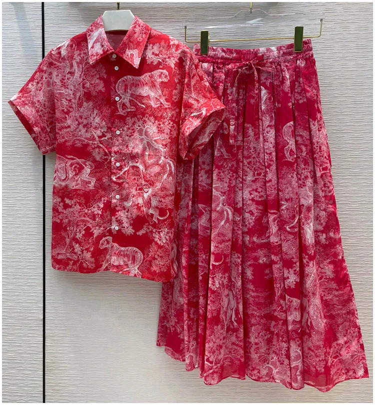 

Fashion Runway Summer 2021 Women's Skirt 100% Cotton Retro Jungle Animal Print Vacation Party All-Match Mid-Length Skirt Red