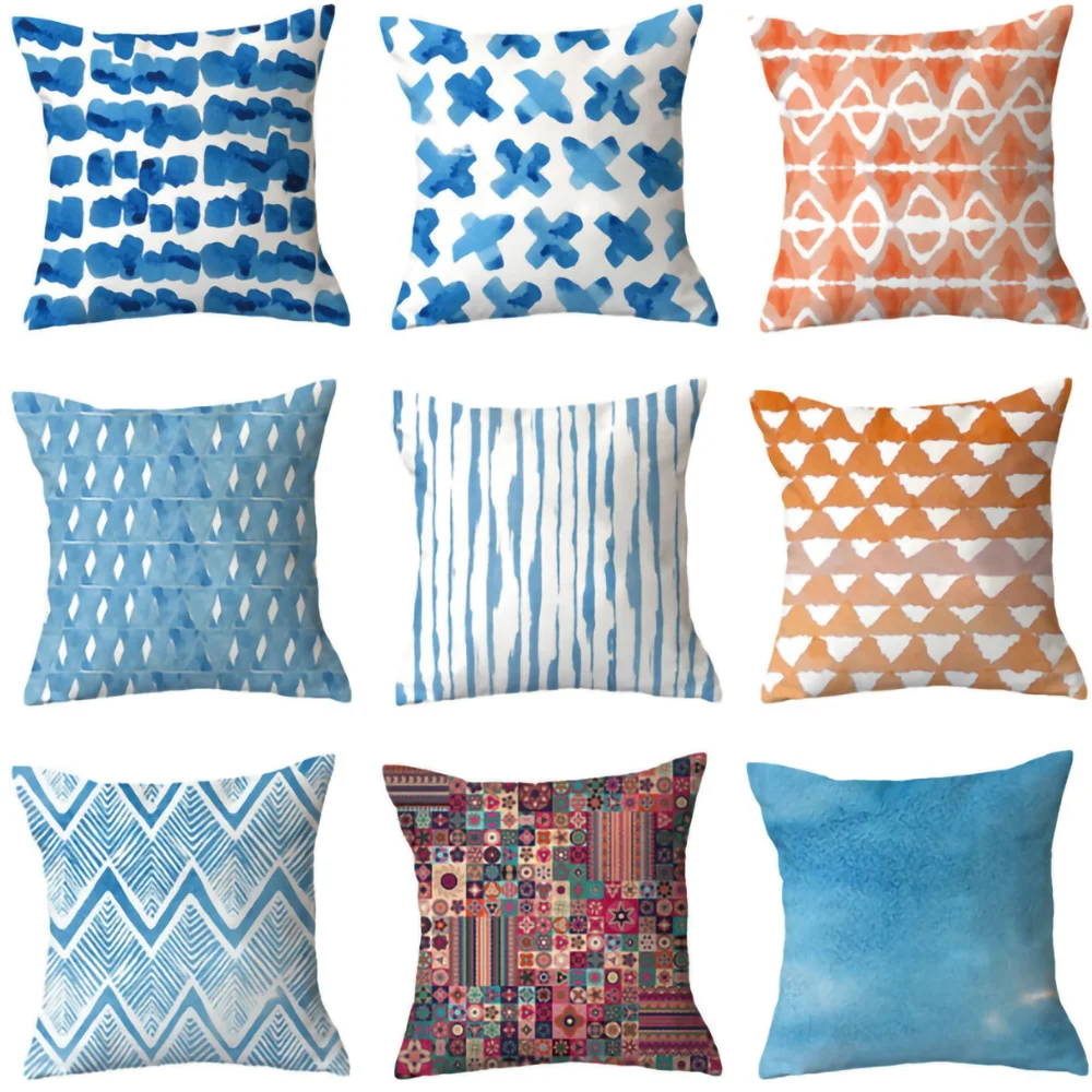 

Blue Geometric plush Cushion Cover Printed Pillow Case Pillowcase Home Bedroom Decorative Pillows 45X45