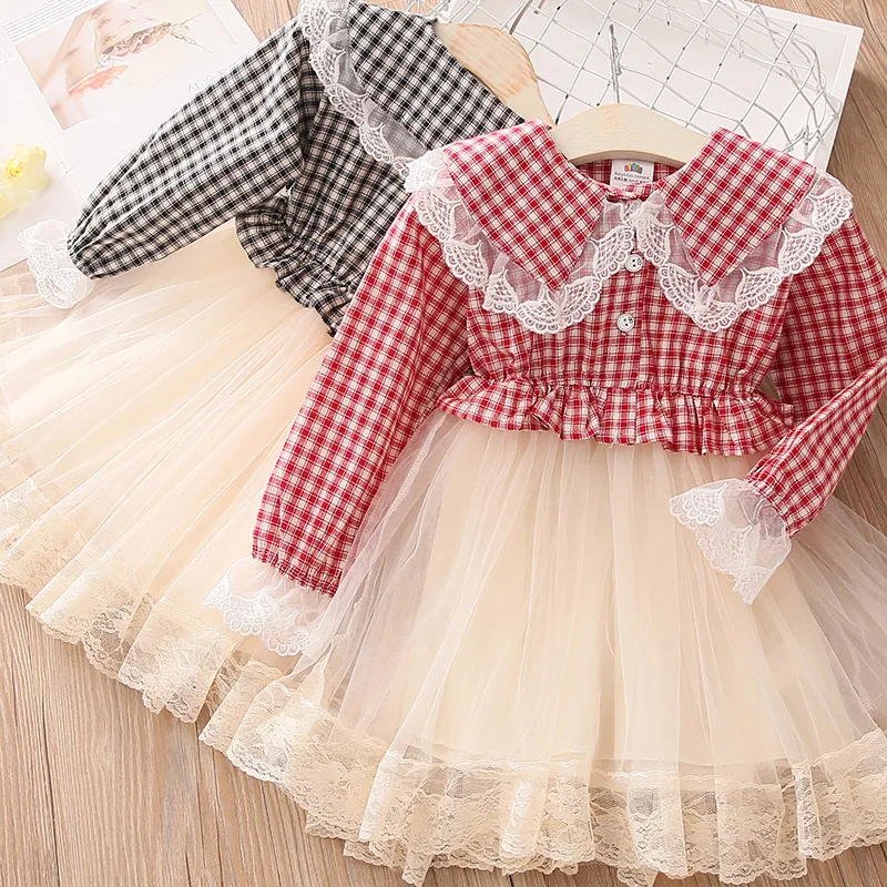 

2020 Spring Princess Dress Fashion Plaid Long Sleeve Dress for Girls New Mesh Stitching Kids Clothing Toddler Girl Dress 2-9 Y
