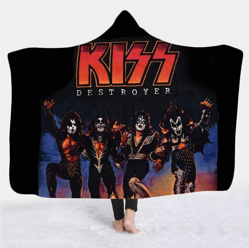 

KISS Hooded Blanket 3D full print Wearable Blanket Adults men women Fleece Blanket Rock Quilt style-1