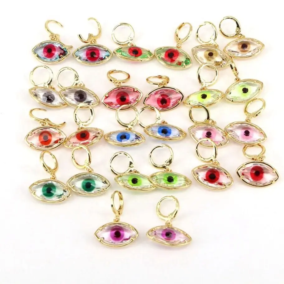 

5 Pairs, Gold Plated Crystal Glass Evil Eye Charm Huggie Earrings, Eye Oval Huggie Earrings For Women