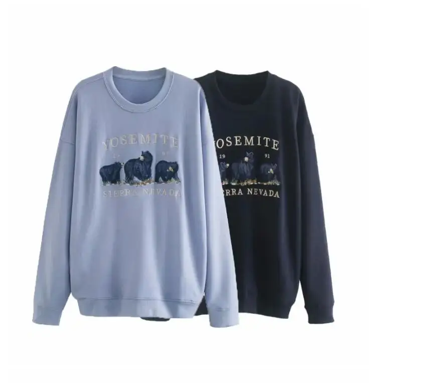 

Oversize girls embroidery blue sweatshirts autumn fashion ladies elegant loose pullovers female cute sweatshirt women
