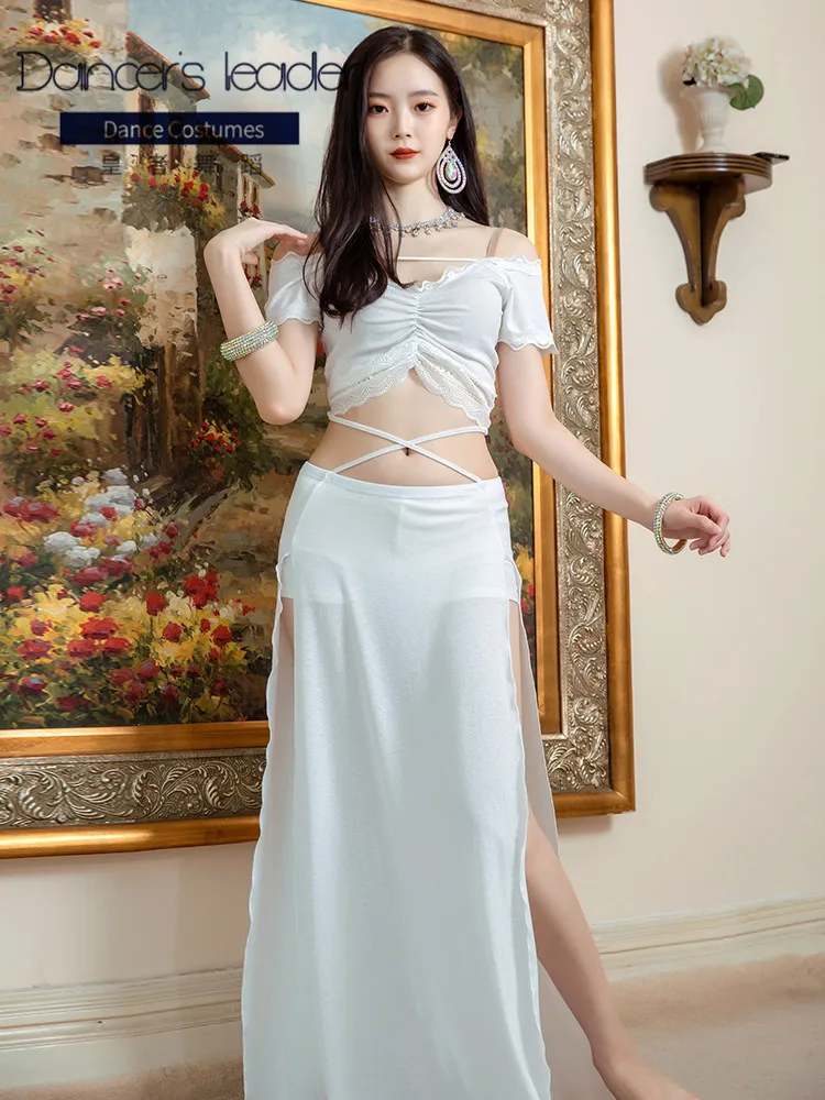 

Женский костюм для танца живота, белая блузка с V-образным вырезом и длинная юбка, элегантный костюм для восточных танцев