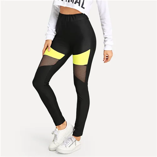 Черный SweatyRocks цветные леггинсы с сетчатыми вставками, леггинсы для активного отдыха, женские обтягивающие леггинсы для фитнеса, Осенние повседневные легинсы для легкой атлетики - Цвет: Черный