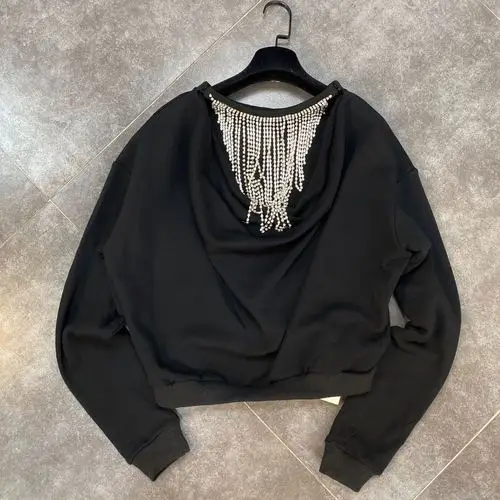 Sexy Backless Diamond Tassel Chain Hoodies Woman 2021 Spring Round Neck Long Sleeve Black Sweatshirt Female Fashion Pullovers