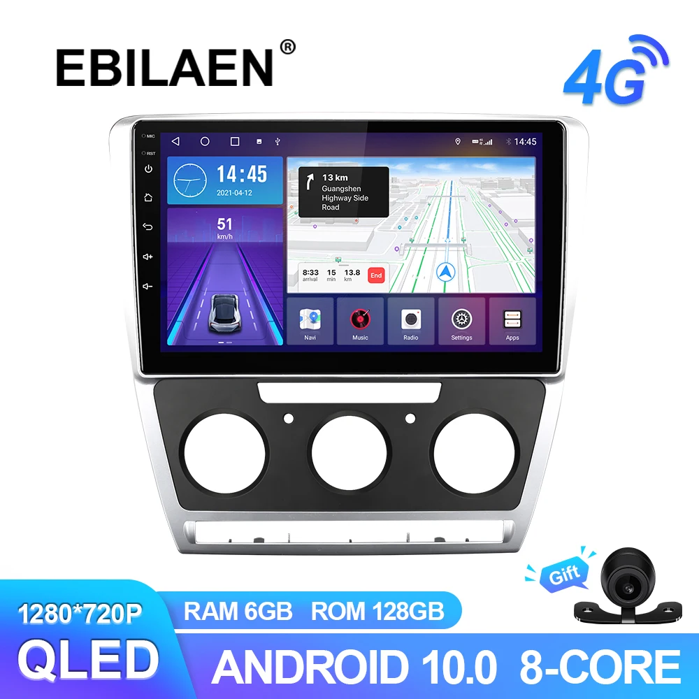 

EBILAEN Car Radio Multimedia Player For Skoda Octavia 2 A5 2008-2013 Android 10.0 GPS Navigation With Wireless Carplay QLED 4G