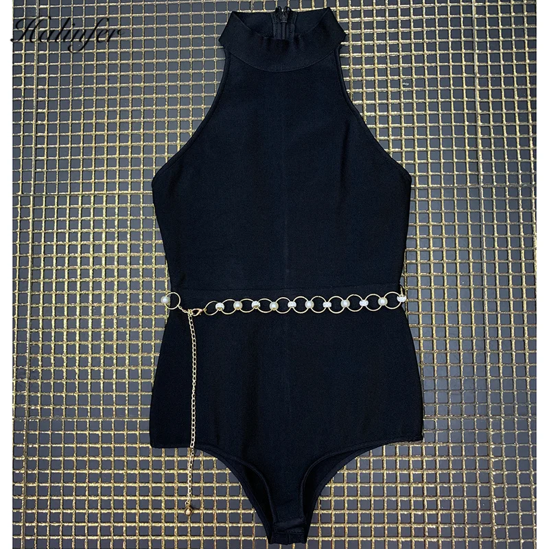 Sexy Deep Bodysuit Women Chest-wrapped high collar Shoulder-exposed black pants Girdle belt Summer Jumpsuit Leotard Bodies
