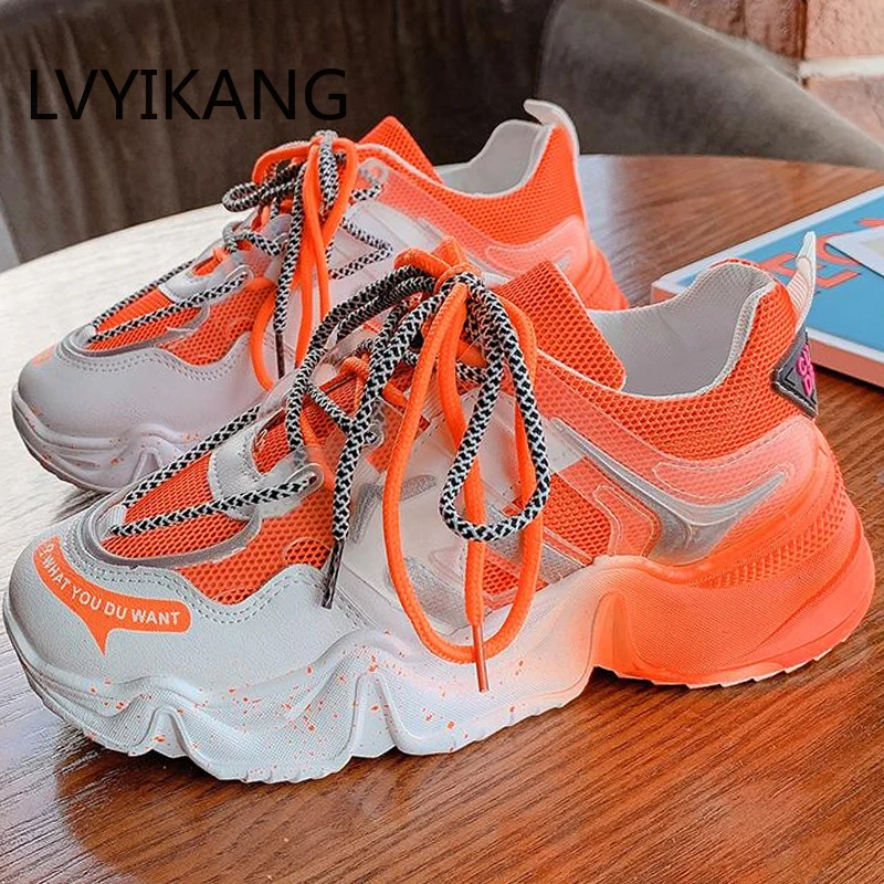 Sneakers Fashion Women Shoes Blue Orange Mesh Casual Woman Trainers Lace-Up Platform Vulcanize | Обувь