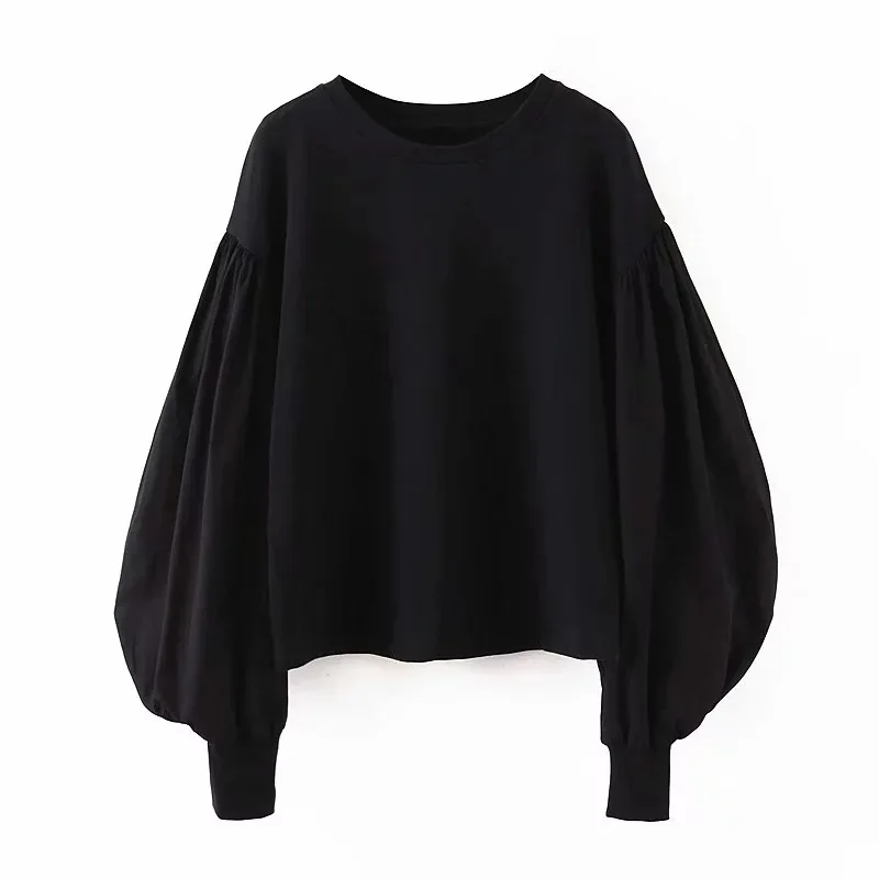 

Spring Fashion Women's Sweater Solid Color Stitching Puff Sleeve Loose Round Neck Pullover Hoodies WM-WY001
