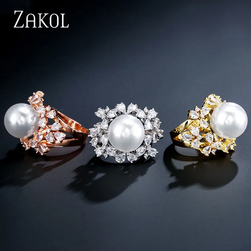 ZAKOL Европейский стиль белые большие жемчужные Открытые Кольца ослепительные