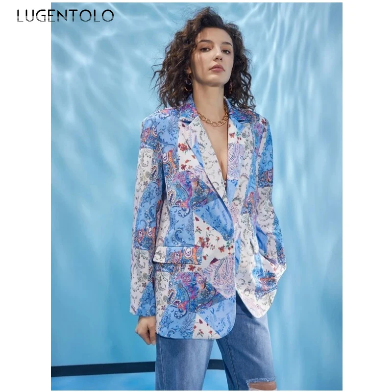 

Lugentolo Trend Blazer Women Fashion Long Sleeve Single Button Suits Print Pocket Ladies Spring Autumn Casual Loose Blazers