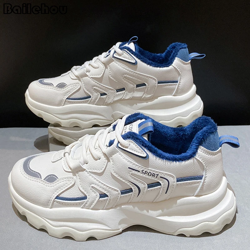 

Women Sneakers Ladies Platform Vulcanize Running Shoes For Women 2021 Winter Furry Warm Round Toe Black Female Sports Shoes